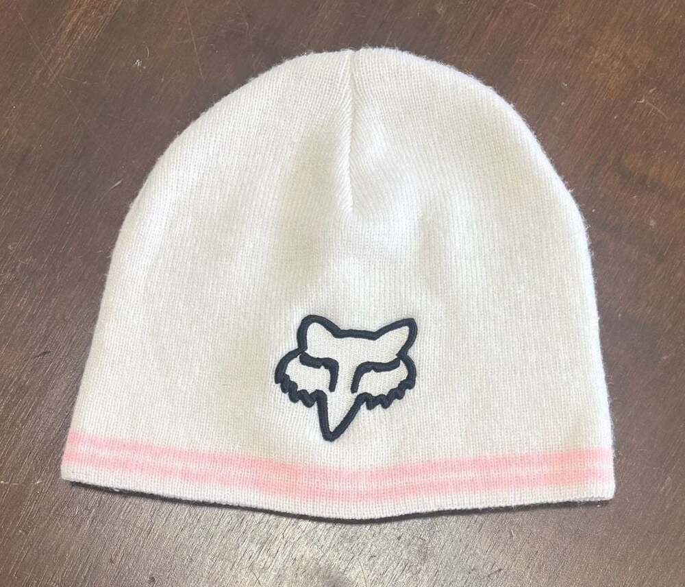 Y2K Vintage Fox Racing White Knit Beanie with Pink Stripe - Picture 1 of 3